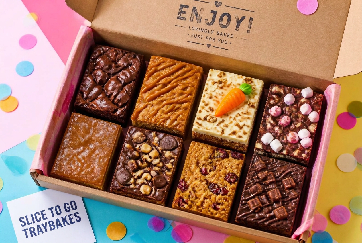 Open delivery box filled with eight assorted traybake slices